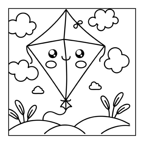 Kite with smiling face flying among clouds over hills