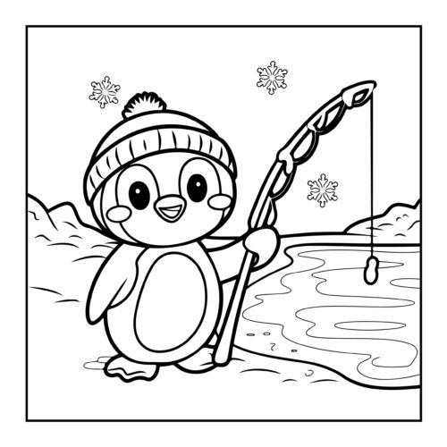 Little penguin ice fishing with fishing rod beside frozen pond