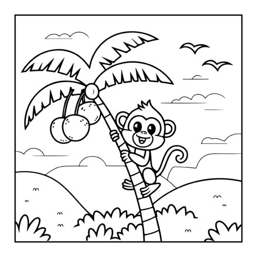 Monkey climbing a palm tree with coconuts on tropical beach