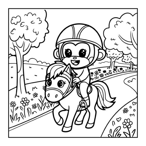 Monkey horseback riding with helmet on country path among flowers