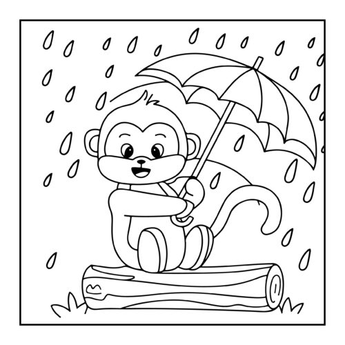 Monkey in the rain holding an umbrella sitting on log