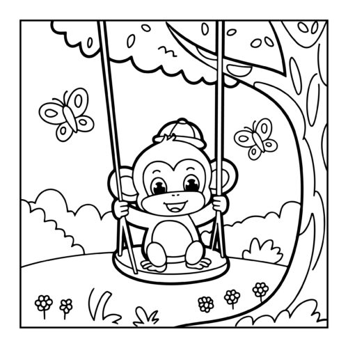 Monkey on a swing hanging from a tree in garden setting