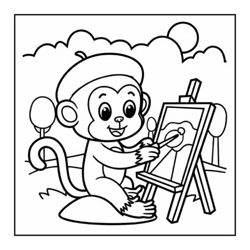 Monkey painting at an easel with artist beret in outdoor studio