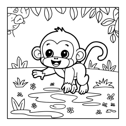 Monkey playing near a puddle in the jungle with flowers around