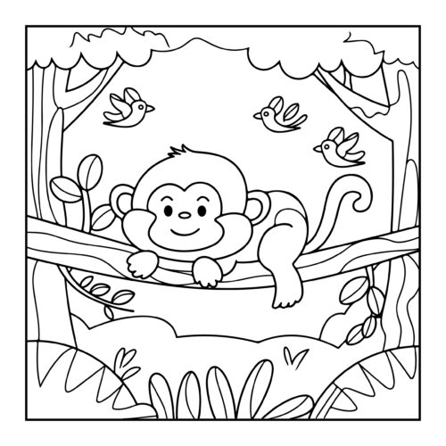 Monkey relaxing on a branch with birds flying around forest