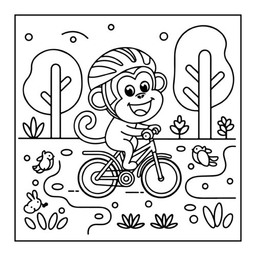 Monkey riding a bicycle with helmet through park setting