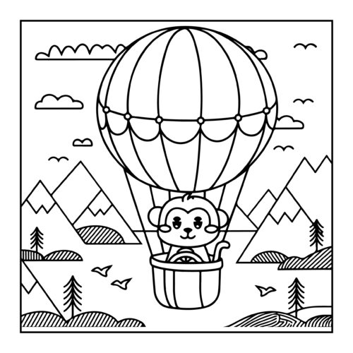 Monkey riding in a hot air balloon over mountains and forest