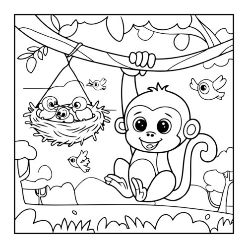 Monkey swinging from a tree branch near bird's nest with babies