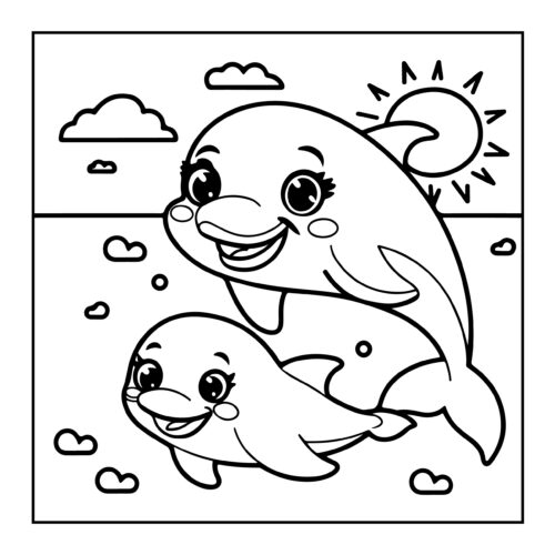 Mother and baby dolphin swimming together under a sunny sky