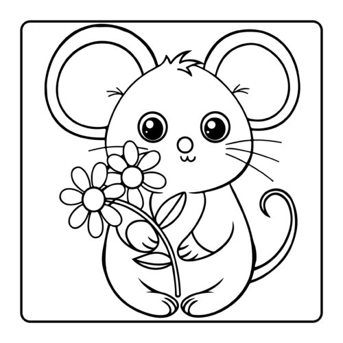 Mouse holding a flower with detailed whiskers and tail