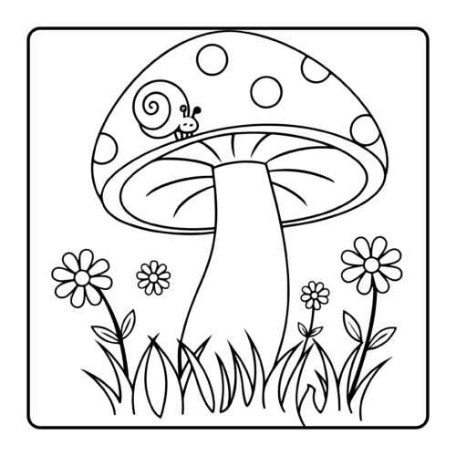 Mushroom with tiny snail and flowers around it