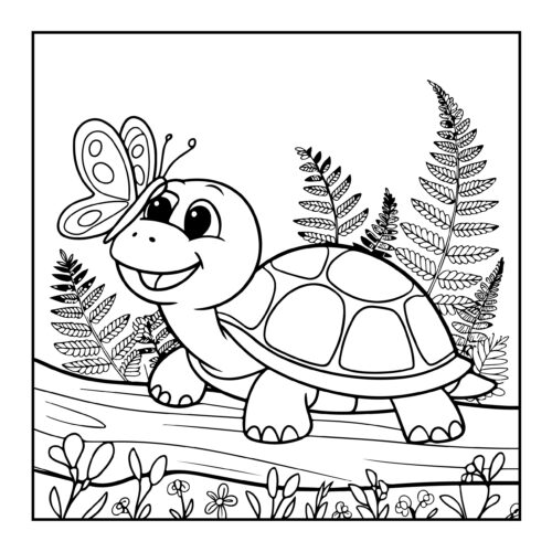 Nature loving turtle with butterfly friend walking among ferns and spring flowers