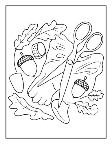 Oak leaves, acorns, and scissors craft or nature collection scene