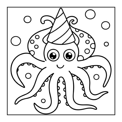 Octopus wearing party hat with bubbles floating around
