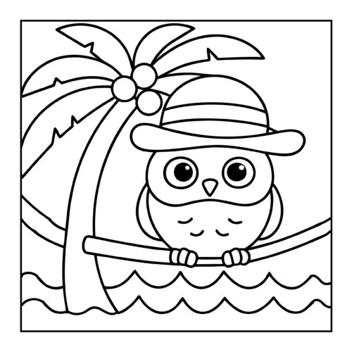 Owl wearing sun hat perched on branch over ocean waves