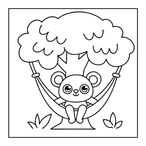 Panda relaxing in hammock between trees with fruit basket