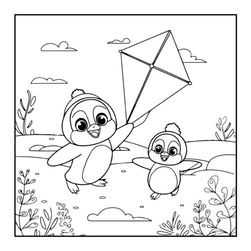 Parent and baby penguin in snowy arctic setting