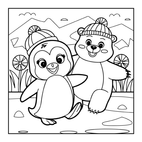 Penguin and polar bear friends walking together in snowy landscape