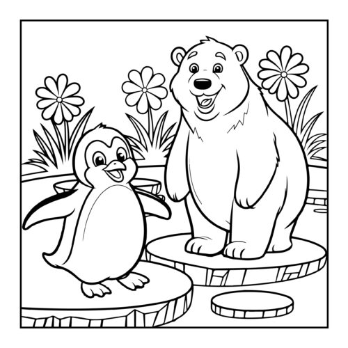 Penguin and polar bear standing together on wooden platforms among flowers