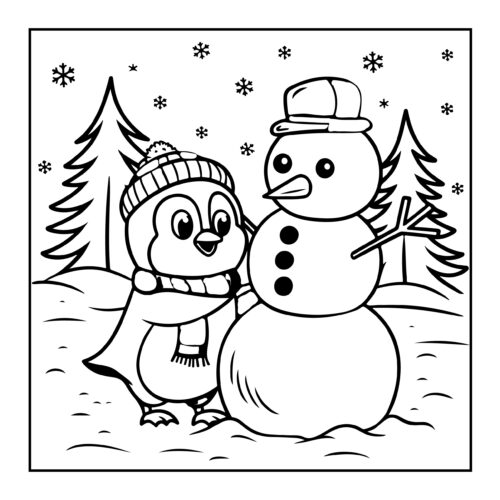 Penguin building snowman in winter forest scene