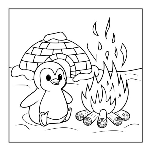 Penguin by campfire outside igloo in snowy landscape