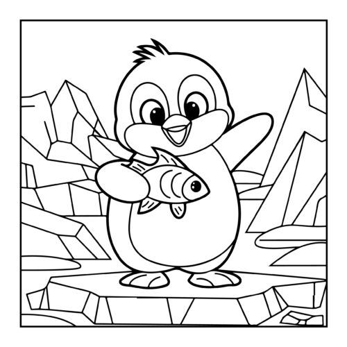 Penguin holding fish amid icy landscape