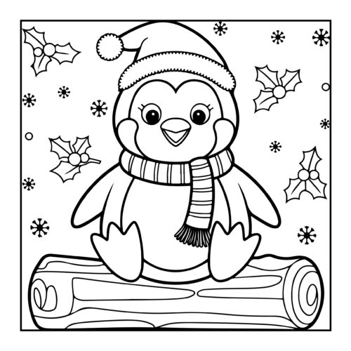 Penguin in Santa hat with holly and snowflakes