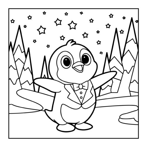 Penguin in tuxedo under starry sky mountain landscape