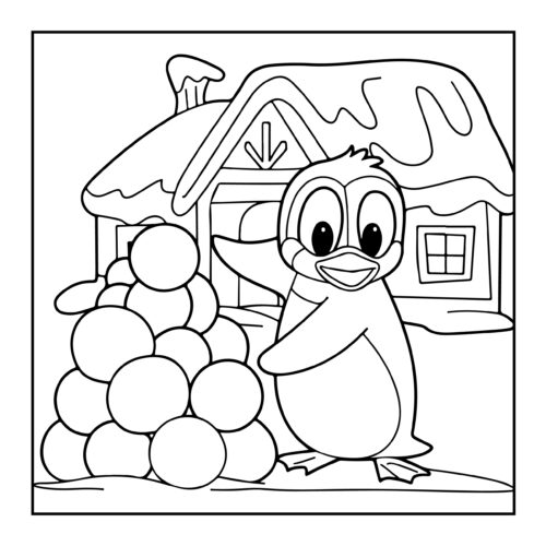 Penguin making snowballs near snowy cottage