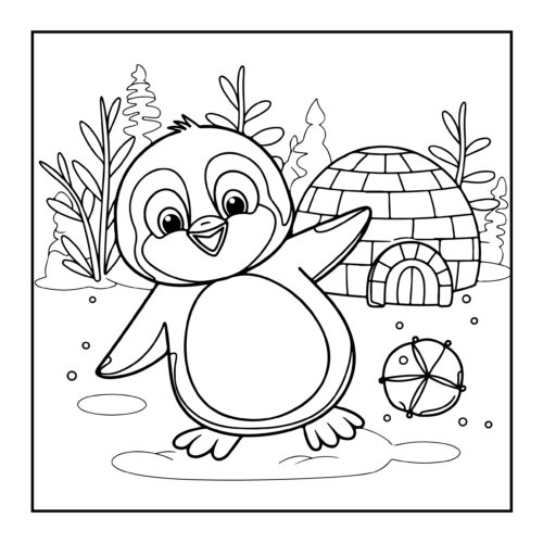 Penguin playing in snow near igloo and snowball