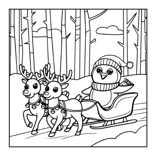 Penguin riding in sleigh pulled by two reindeer through snowy forest