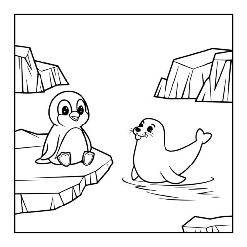 Penguin sitting on ice ledge watching seal swim in arctic waters