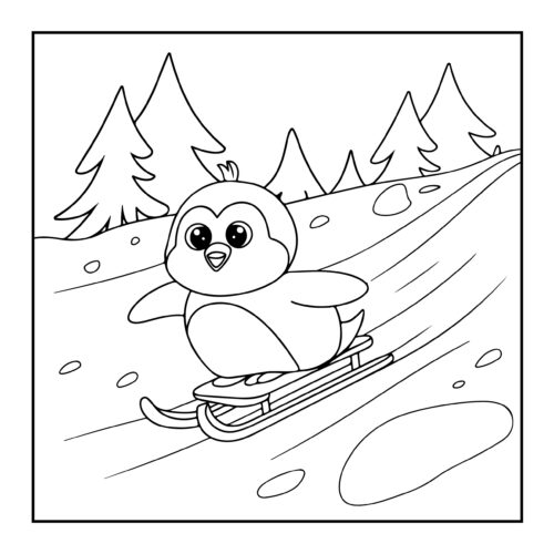 Penguin sledding down snowy hill with pine trees
