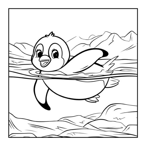 Penguin swimming in arctic waters with mountains background