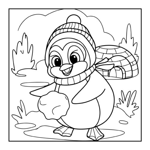 Penguin wearing winter hat and scarf next to an igloo