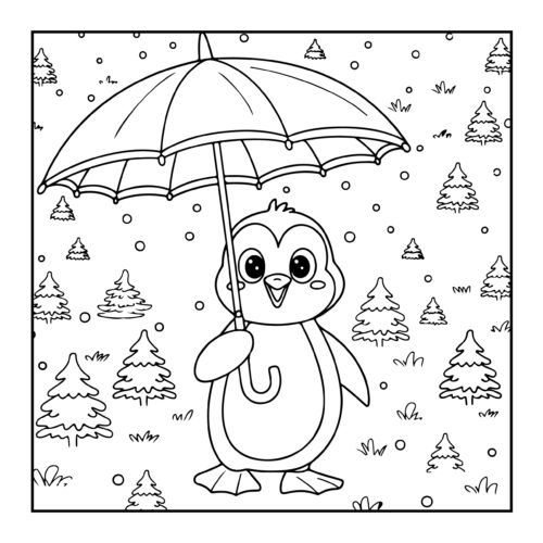 Penguin with umbrella in snowy forest scene