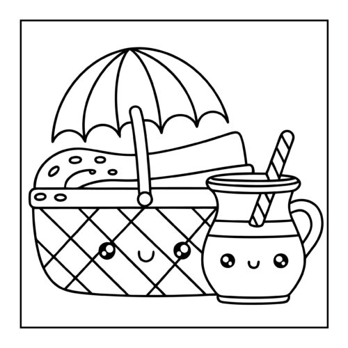 Picnic basket and pitcher with umbrella in cute kawaii style
