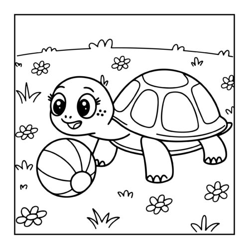 Playful turtle with ball on flowery meadow surrounded by blooming daisies