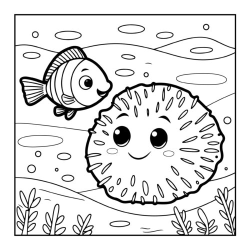 Pufferfish and striped fish swimming together underwater