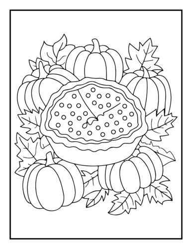 Pumpkin pie surrounded by pumpkins and autumn leaves with dotted pattern