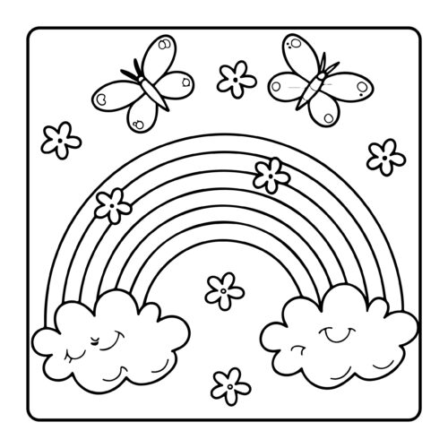 Rainbow with butterflies and smiling clouds