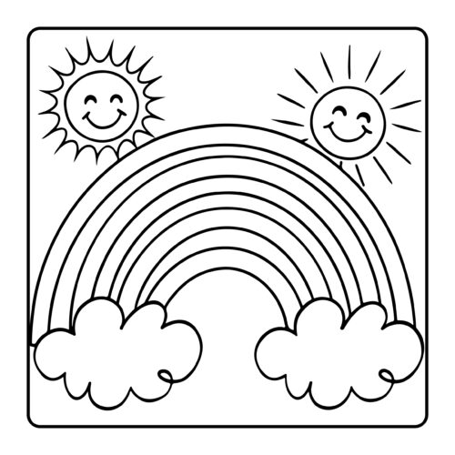 Rainbow with smiling suns and fluffy clouds