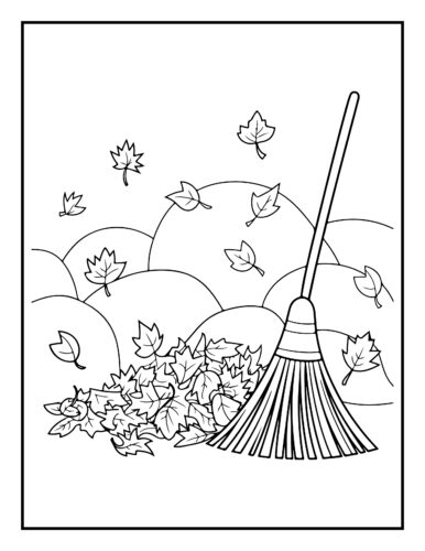 Rake gathering fallen autumn leaves with maple leaves floating down