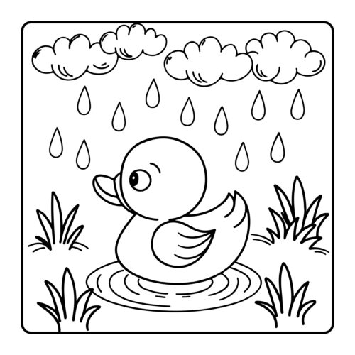 Rubber duck swimming in rain with clouds above