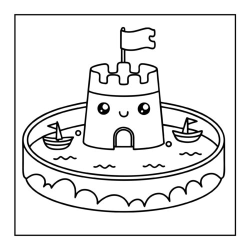 Sandcastle with flag, door and tiny sailboats in water moat