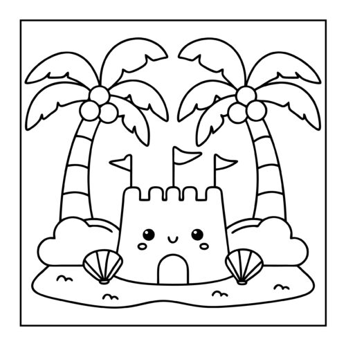 Sandcastle with flags between palm trees and seashells