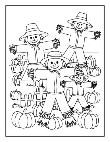 Scarecrows in a pumpkin patch with various sized pumpkins surrounding them