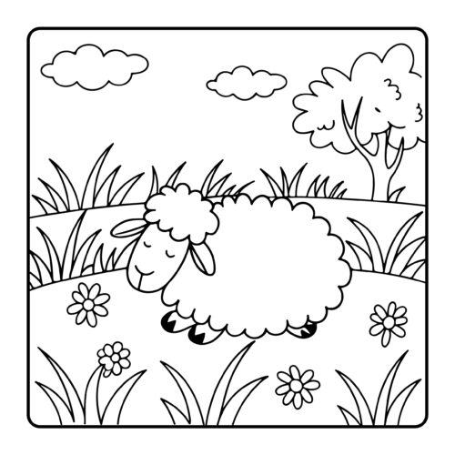 Sheep resting in meadow with flowers and clouds
