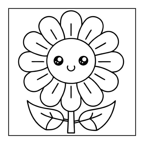 Simple daisy flower with smiling face and leaves at bottom