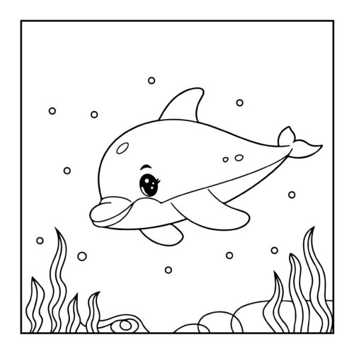 Simple dolphin outline swimming with seaweed at the bottom